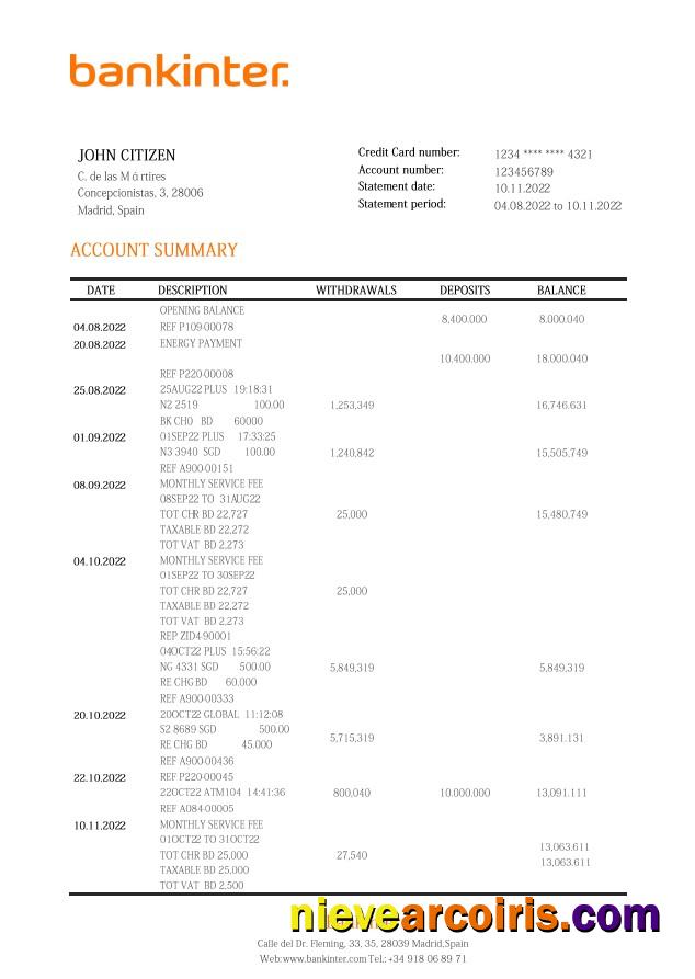 Spain Bankinter bank statement